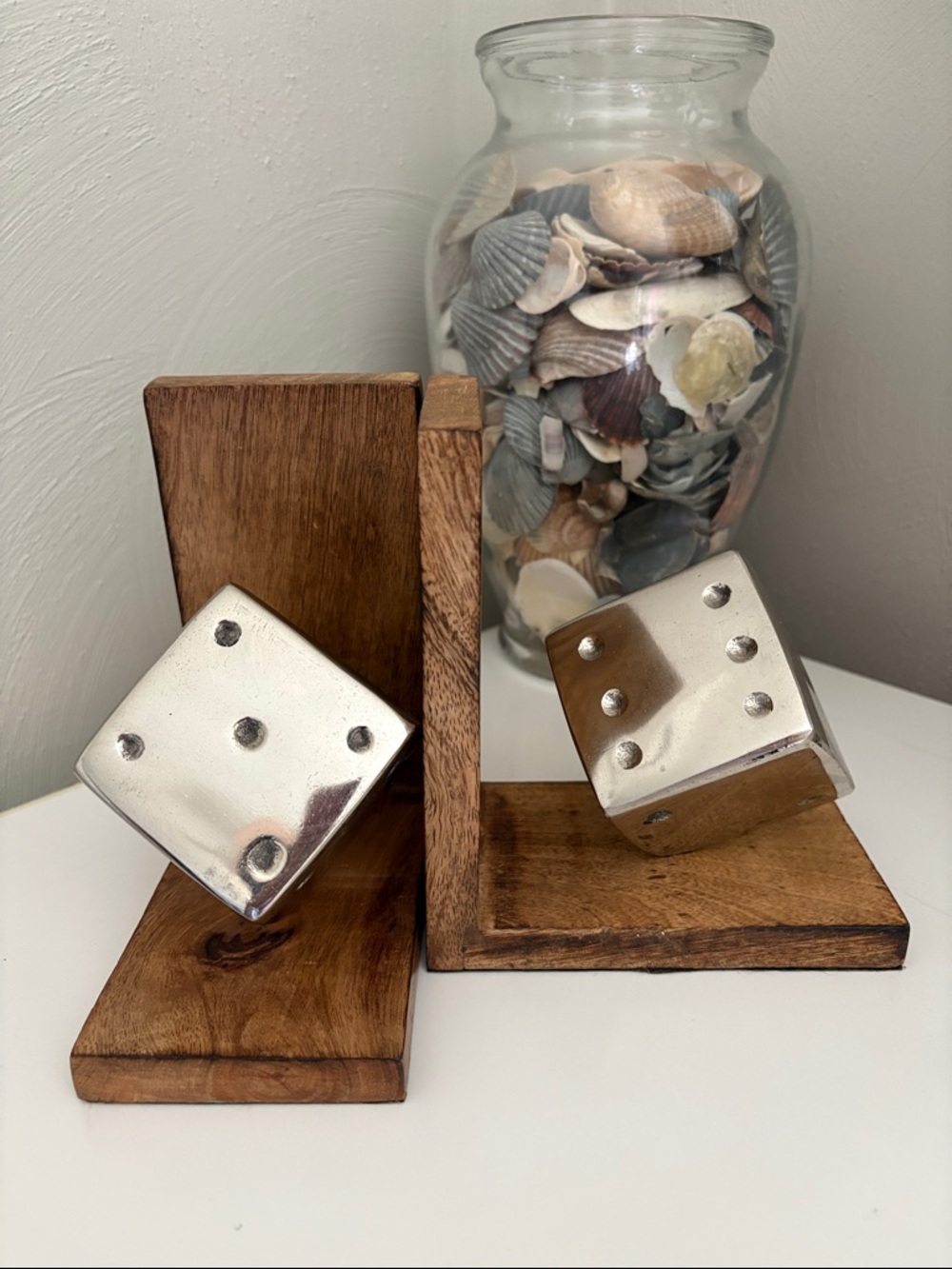 Wood & Metal Dice Bookends Neutral Colors